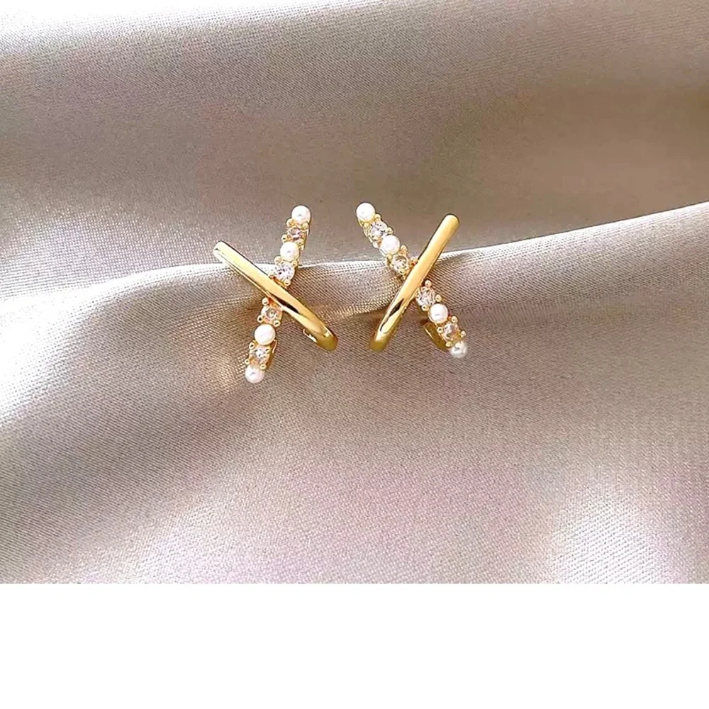 Gold Plated Cross Shaped Pearl and Zircon Stud Earrings - Picture 6 of 9